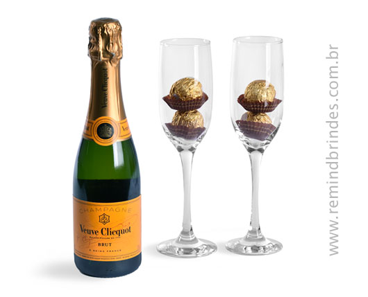 Kit Bebida - Veuve Clicquot 1/2 Garrafa, 2 Taças e 4 Bombons Ferrero Rocher