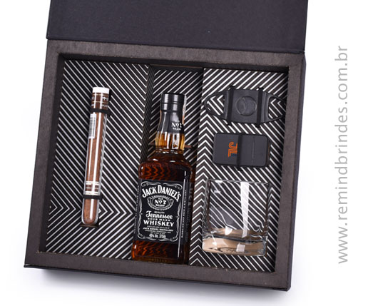 Kit Bebida - Kit Whisky Jack Daniels 375 ml, Charuto, Copo, Isqueiro e Cortador de Charuto