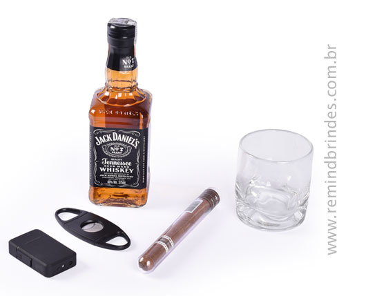 Kit Bebida - Kit Whisky Jack Daniels 375 ml, Charuto, Copo, Isqueiro e Cortador de Charuto