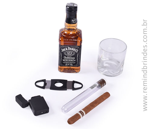 Kit Bebida - Kit Whisky Jack Daniels 375 ml, Charuto, Copo, Isqueiro e Cortador de Charuto