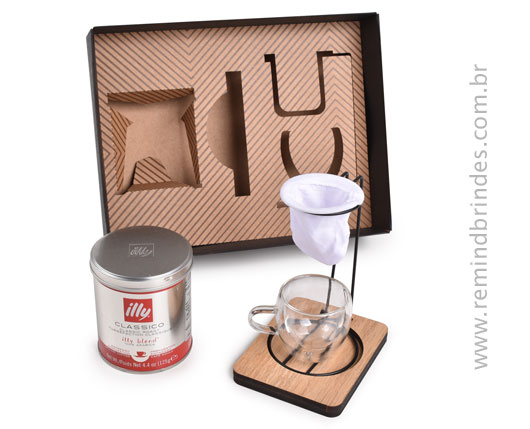 Kit Café Gourmet 4 Peças com Coador de Pano, Xícara, Suporte de MDF e Café Illy