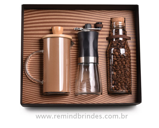 Kit Café Gourmet 3 Peças com Prensa Francesa, Moedor Manual e Café em Grãos