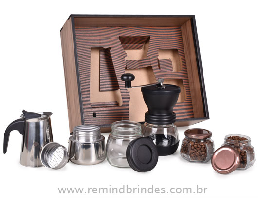 Kit Café Moka Pro 4 Peças com Cafeteira Italiana, Moedor e Café em Grãos