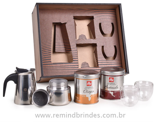 Kit Café Barista com Cafeteira Inox, 2 Latas de Café Illy e 2 Copos