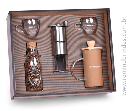 Kit Café Gourmet 4 Peças com Prensa Francesa, Xícaras, Moedor Manual e café em grãos