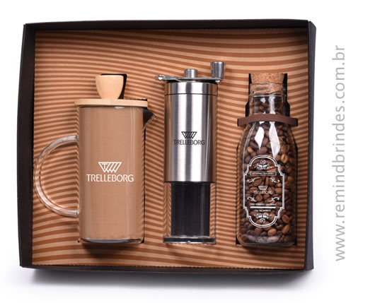 Kit Café Gourmet 3 Peças com Prensa Francesa, Moedor Manual e café em grãos