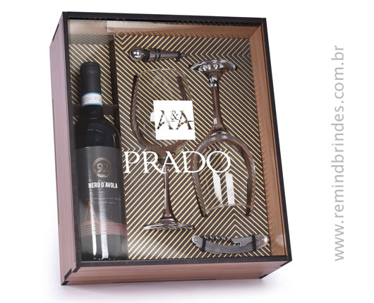 Kit Bebida - Vinho Italiano Nero D’Avola com 1 Saca-Rolhas, 1 Tampa e 2 Taças Premium em Caixa de Madeira