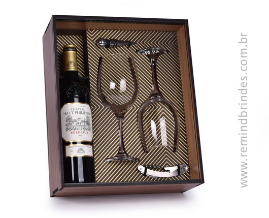 Kit Bebida - Vinho Francês Bordeaux com 1 Saca-Rolhas, 1 Tampa e 2 Taças Premium em Caixa de Madeira