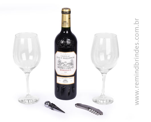 Kit Bebida - Vinho Francês Bordeaux com 1 Saca-Rolhas, 1 Tampa e 2 Taças Premium em Caixa de Madeira