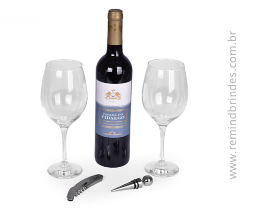 Kit Bebida - Vinho Português Tapada do Fidalgo com 1 Saca-Rolhas, 1 Tampa e 2 Taças Premium em Caixa de Madeira