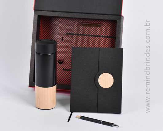 Kit Onboarding Eco Executive 3 Peças com Garrafa Térmica Bambu, Caderneta e Caneta