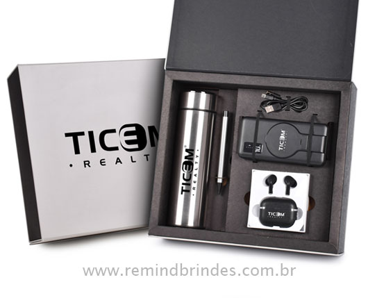 Kit Executive Tecnológico 5 Peças com Garrafa Térmica, Power Bank, Fone, Caderneta e Caneta Personalizado
