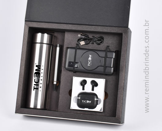 Kit Executive Tecnológico 5 Peças com Garrafa Térmica, Power Bank, Fone, Caderneta e Caneta Personalizado