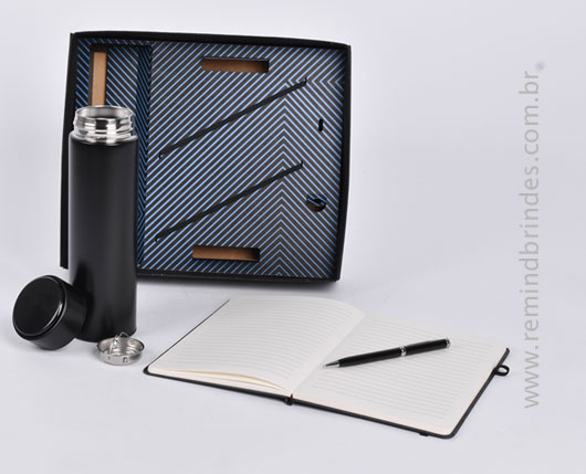 Kit Executive Personalizado 3 Peças com Garrafa Térmica, Caderneta e Caneta