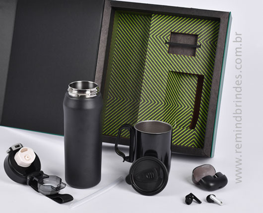 Kit Onboarding Executive 3 Peças com Garrafa Térmica, Caneca Inox e Fone Bluetooth