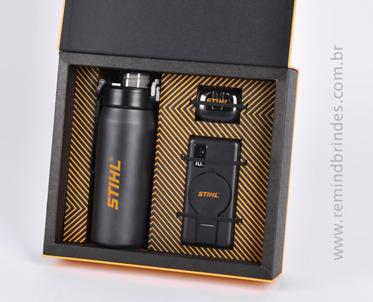 Kit Onboarding Executive 3 Peças com Garrafa Térmica, Power Bank Indução e Fone Bluetooth