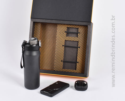 Kit Onboarding Executive 3 Peças com Garrafa Térmica, Power Bank Indução e Fone Bluetooth