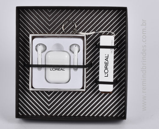 Kit Onboarding Tech 2 Peças com Fone Bluetooth e Power Bank Chaveiro